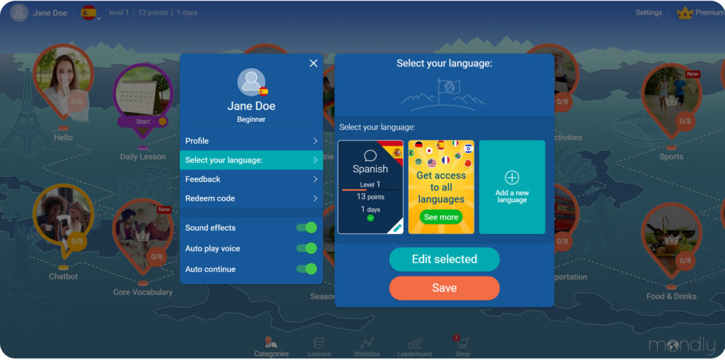 mondly web language settings